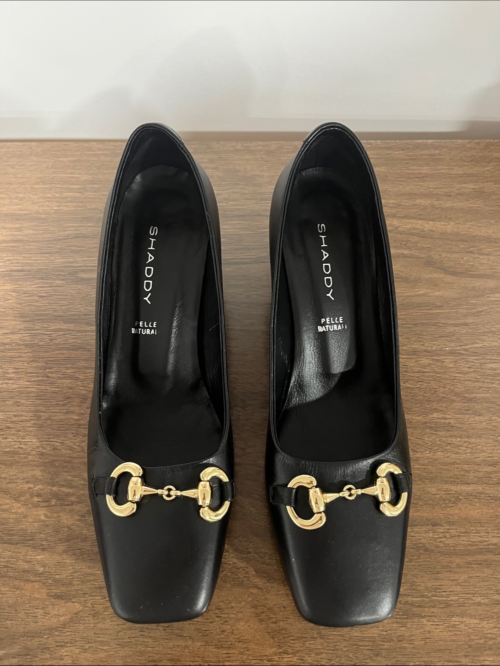 Black Leather Square-Toe Heels with Gold Bit Detail